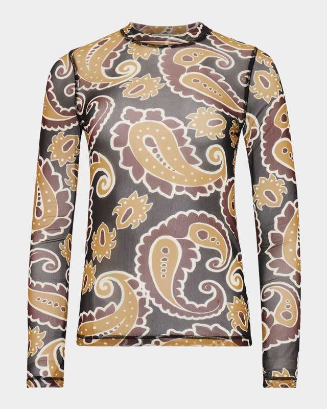 Paisley-Print Long-Sleeve Mesh Top